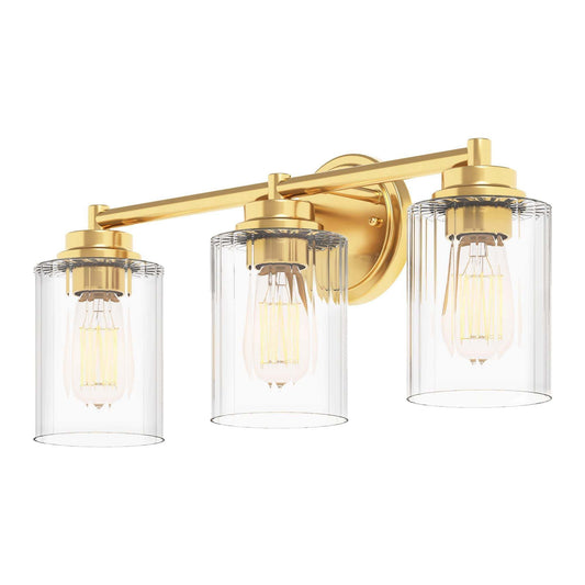 GETINLIGHT Inlight 20 Wide 3 Light Gold Bathroom Vanity Light with clear ribbed glass shades.