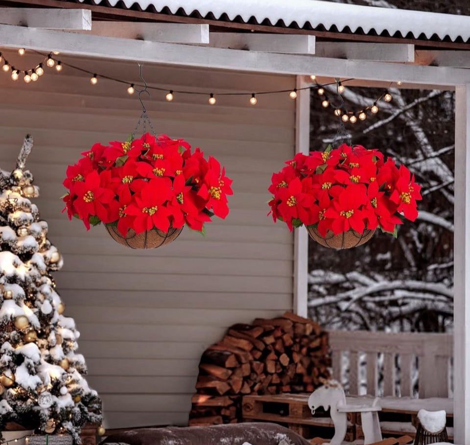 Open Box Ammyoo Artificial Christmas Poinsettia Flowers Hanging Basket for Outdoor Decoration, Fake Silk Christmas Flowers Plant Pot Planter for Garde