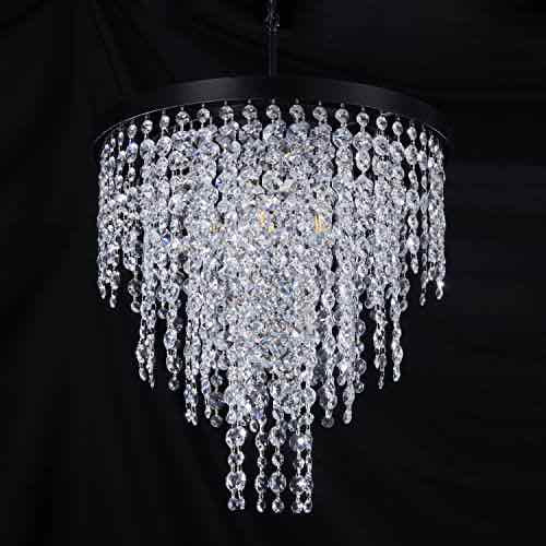 Wellmet Black Crystal Chandelier, 24-inch round, 3-tier K9 crystals, modern pendant light fixture.