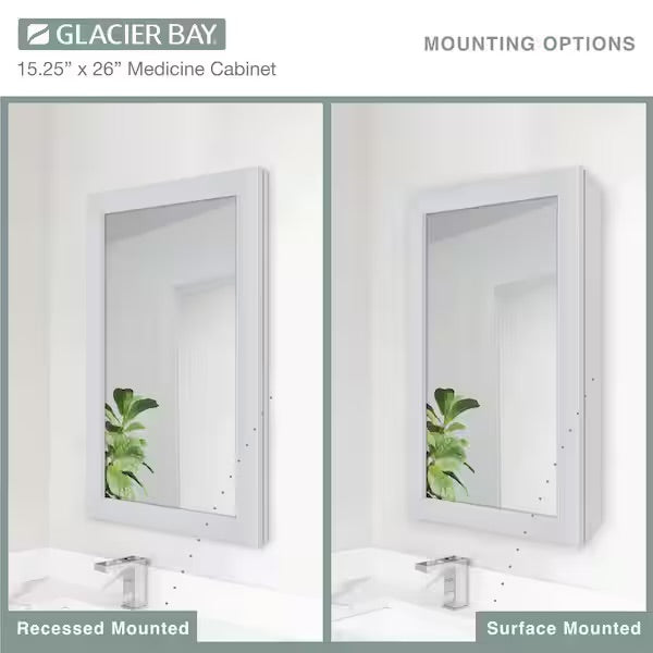 Open Box Glacier Bay 15-1/4 in. W x 26 in. H Framed Recessed or Surface-Mount Bathroom Medicine Cabinet with Mirror, Gray