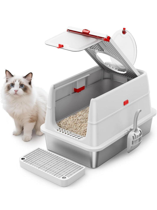 BEST JAJA stainless steel enclosed cat litter box with flip-top lid and high sides, extra large size for cats