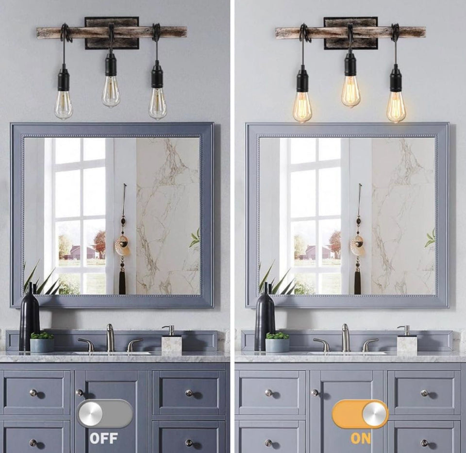 LMSOD 3 Lights Vintage Wall Sconce, Farmhouse Industrial Bare Bulb Wire Wrapped Wood Beam Linear Bathroom Vanity Light