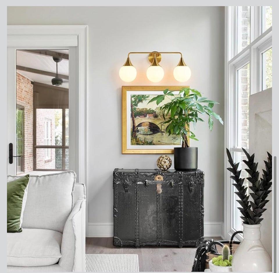 HAHZT Bathroom Vanity Light Fixtures: 3-Light Mid Century Modern Bathroom Lighting Fixtures Over Mirror - Brass Gold Wall Sconce with Milky White Globe Glass for Bath Living Room