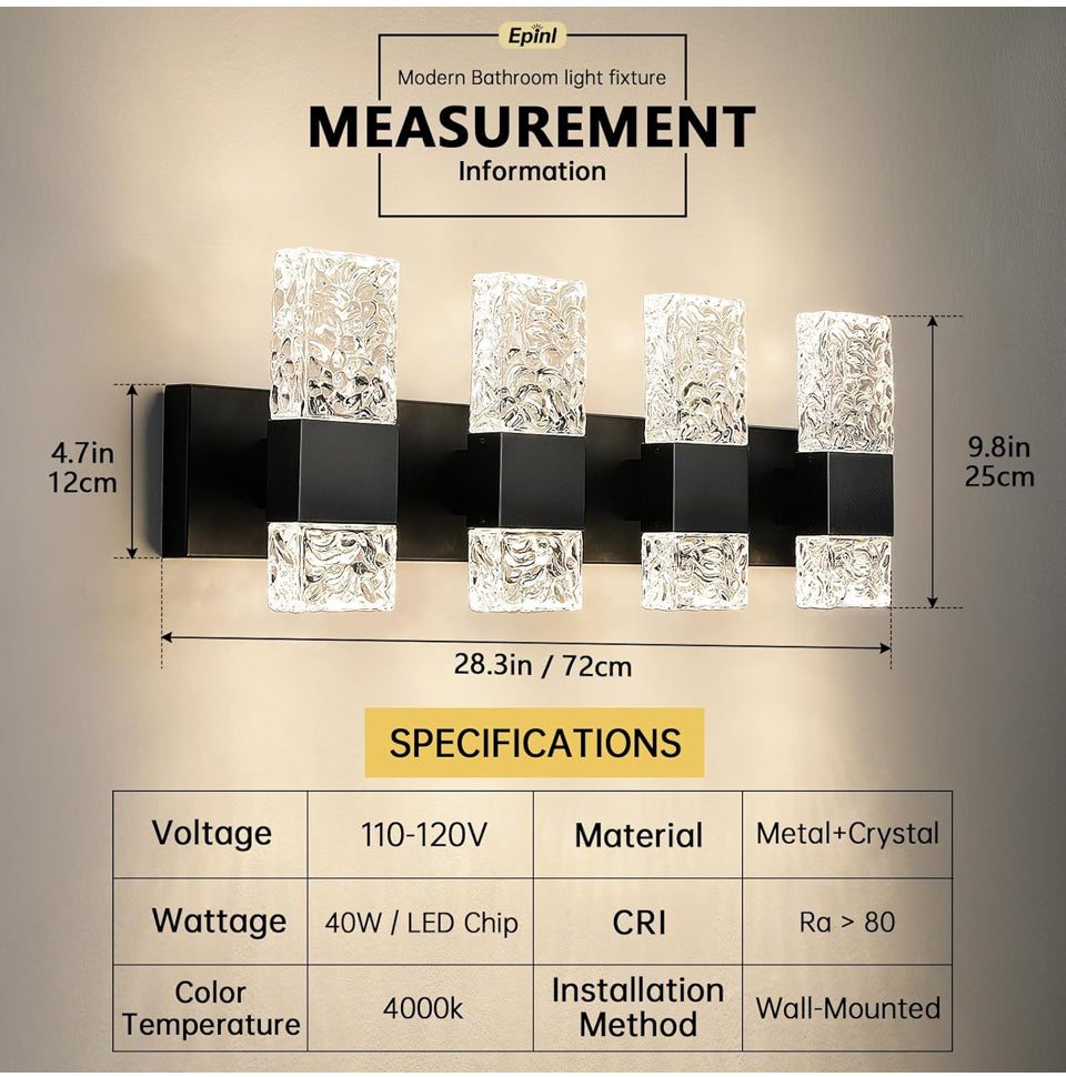 Open Box Epinl Black Bathroom Vanity Light Fixtures Bathroom Light Fixtures Over Mirror 4-Light 4000K LED Crystal Wall Sconces Modern 40W Brushed Hard