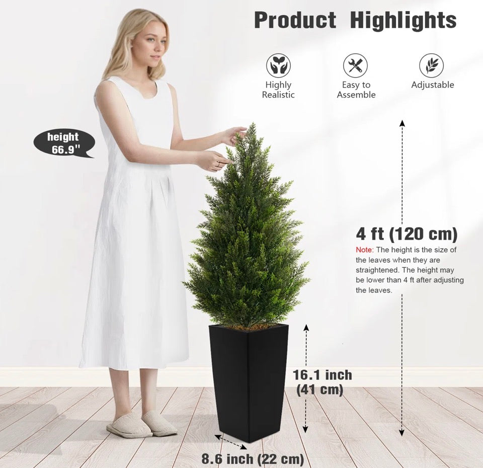 Vitalismo Faux Cedar Tree In Black Pot-UV Rated Potted Plant for Home Decor Outdoor or Indoor (Set of 2)