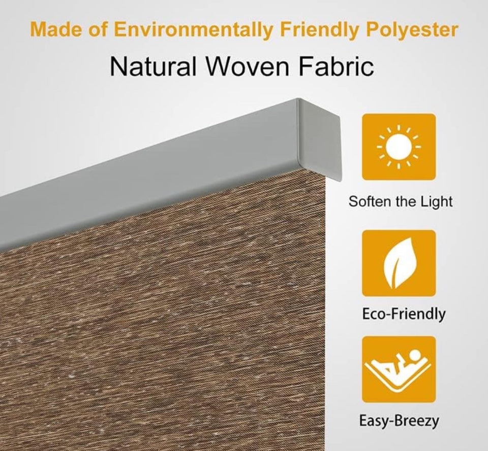 "Persilux Free-Stop Cordless Light Filtering Roller Shades for Windows (Brown 35""W x 72""H) Natural Woven Fabric Thermal Insulation Privacy Roller Blinds for Window Shades for Home, Office, Door, Patio"