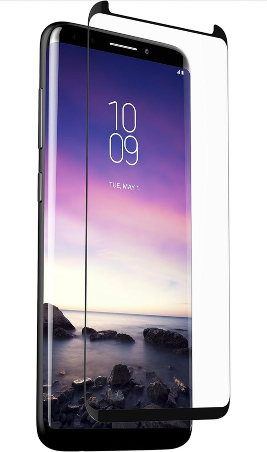 Clear ZAGG InvisibleShield Glass Curved Elite tempered glass screen protector for Samsung Galaxy S9 with curved edge coverage