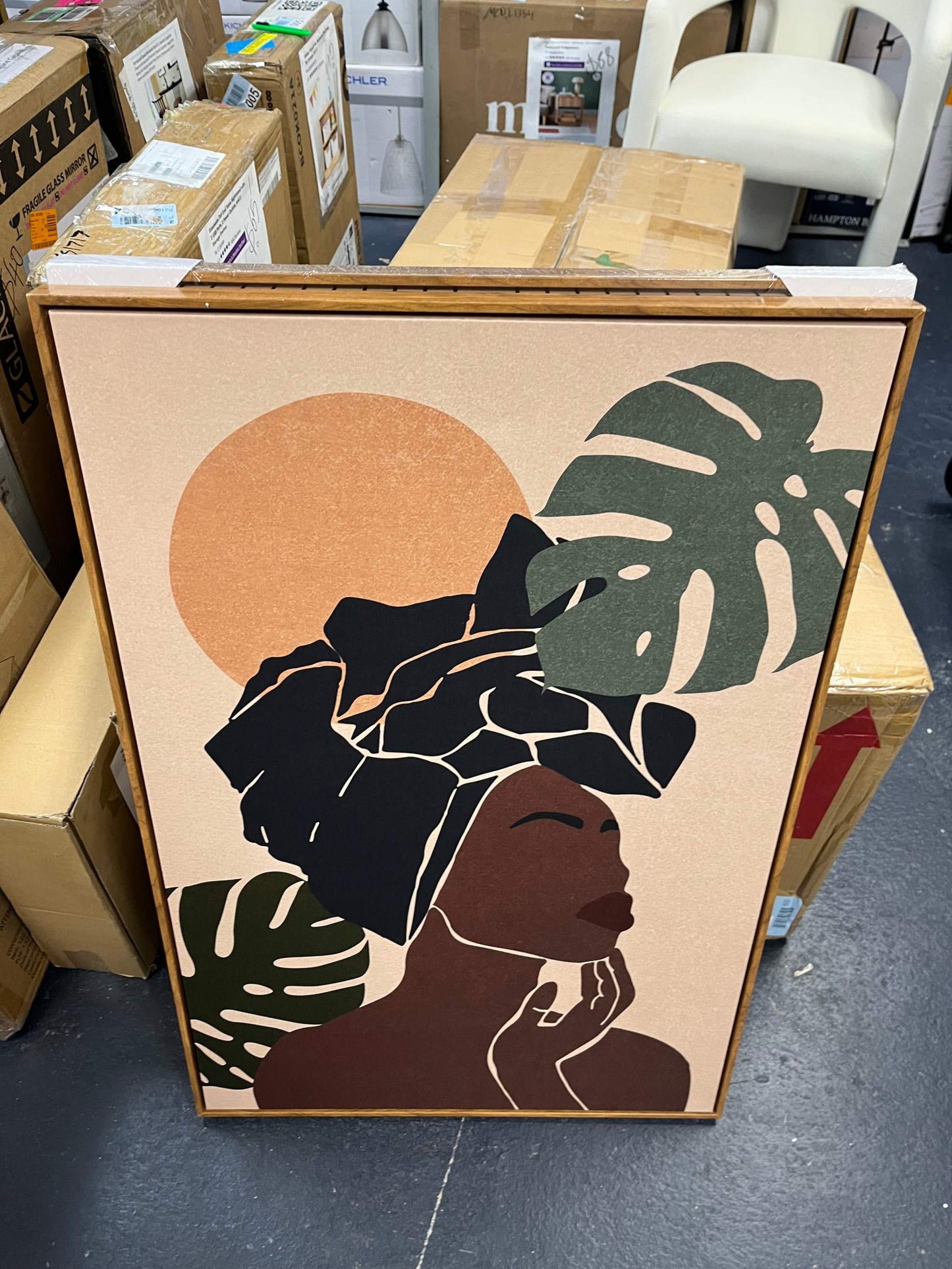 "IDEA4WALL Mid Century Modern Boho "" African American Stylish Black Woman Female Portrait Mid-Century Modern Boho Abstract Jungle Plant "" 3 - Pieces"