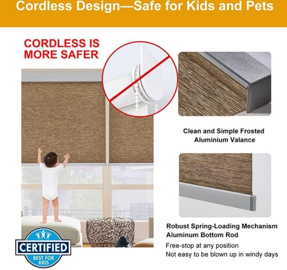 "Persilux Free-Stop Cordless Light Filtering Roller Shades for Windows (Brown 35""W x 72""H) Natural Woven Fabric Thermal Insulation Privacy Roller Blinds for Window Shades for Home, Office, Door, Patio"