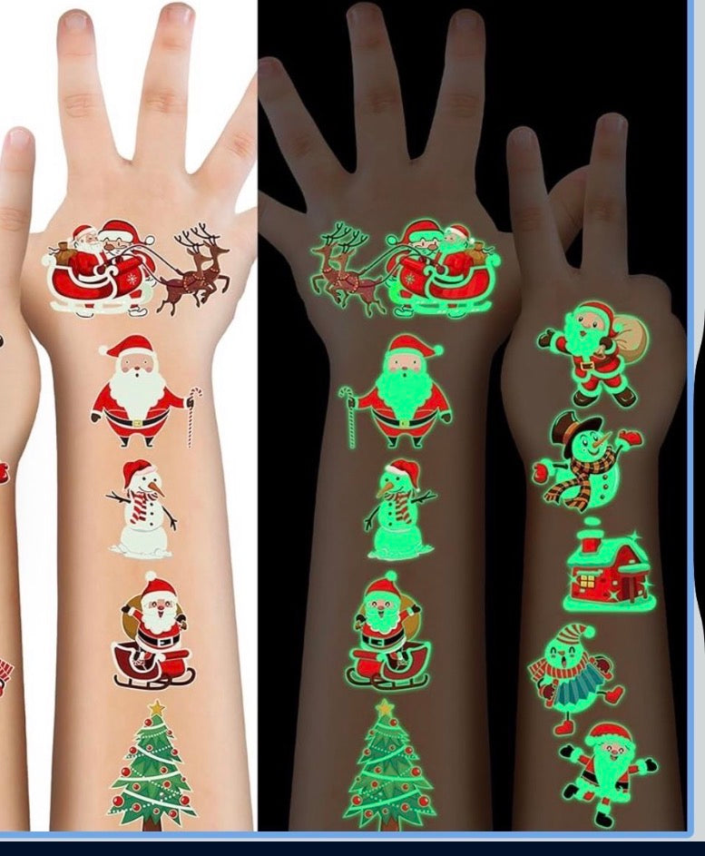 New HUSKEIN 10 Sheets Luminous Christmas Tattoos for Kids, Christmas Temporary Tattoos, Bulk Stocking Stuffers for Kids, Merry Xmas Party Decorations