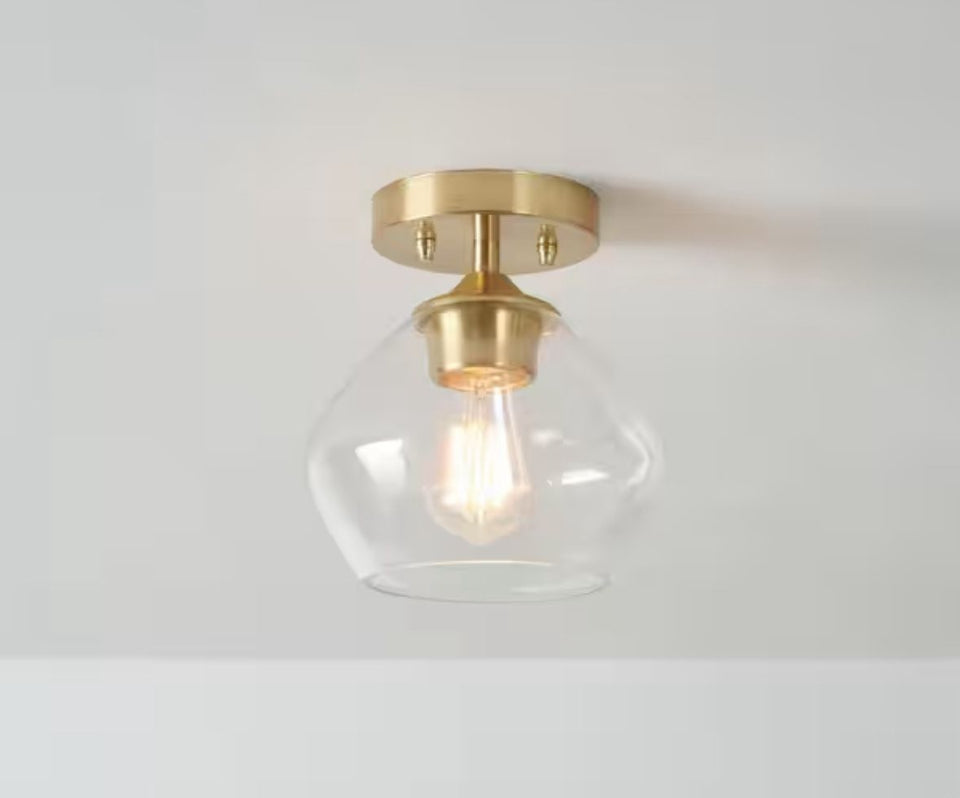 OPEN BOX NEW Globe Electric Harrow 8 in. 1-Light Matte Brass Semi-Flush Mount Ceiling Light with Clear Glass Shade