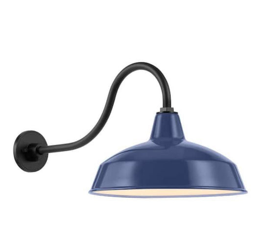 Hampton Bay Easton 14 in. navy blue barn outdoor wall light lantern sconce with steel shade and black curved arm