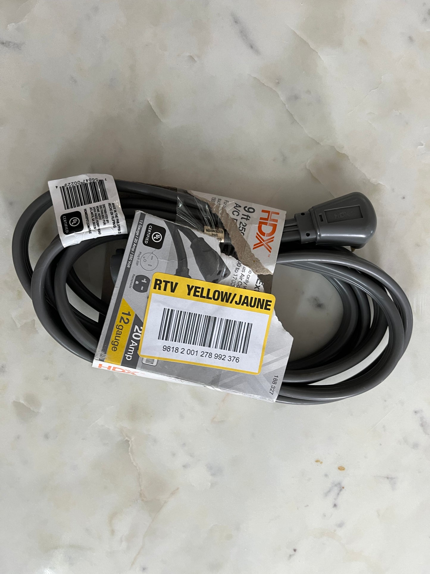 HDX 9 ft. 12/3 20 Amp 250-Volt Air Conditioner Extension Cord, Grey
