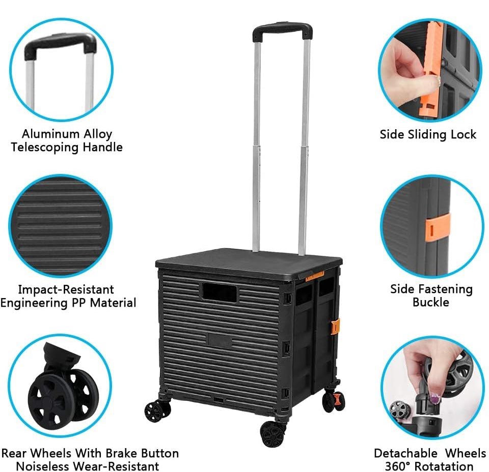 Open Box FELICON Foldable Utility Cart Folding Portable Rolling Crate Handcart with Durable Heavy Duty Plastic Telescoping Handle Collapsible 4 Rotate Wheels for Travel Shop
Moving Luggage Office Use (Black)