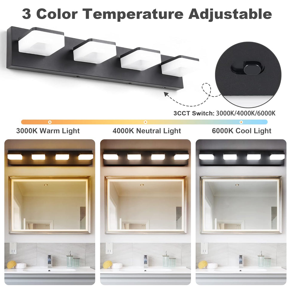 Open Box GOODATE 3 Colors Dimmable Black Vanity Lights for Bathroom, LED 4 Light Vanity Lighting Fixtures, Acrylic Stainless Steel Bathroom Light Fixt
