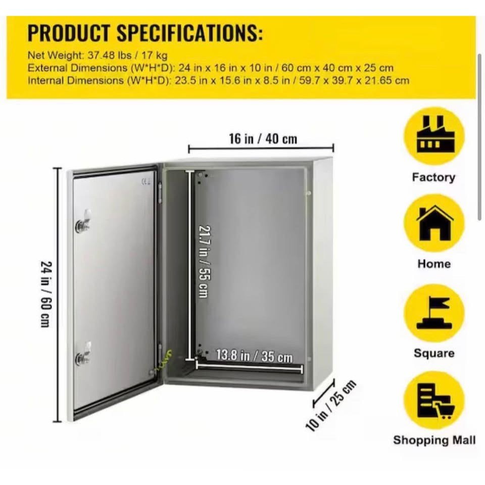 VEVOR Electrical Enclosure 24 in. x 16 in. x 10in. NEMA 4X Carbon Steel Reinforced Lock and Hinge El