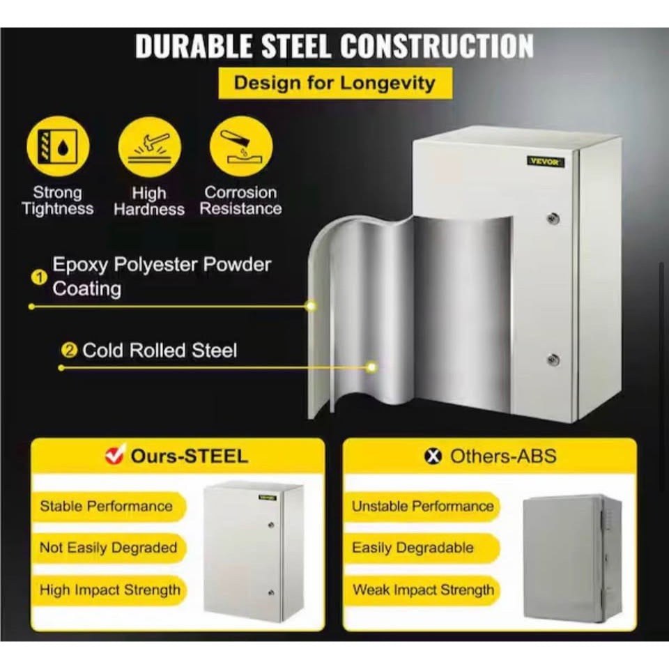 VEVOR Electrical Enclosure 24 in. x 16 in. x 10in. NEMA 4X Carbon Steel Reinforced Lock and Hinge El