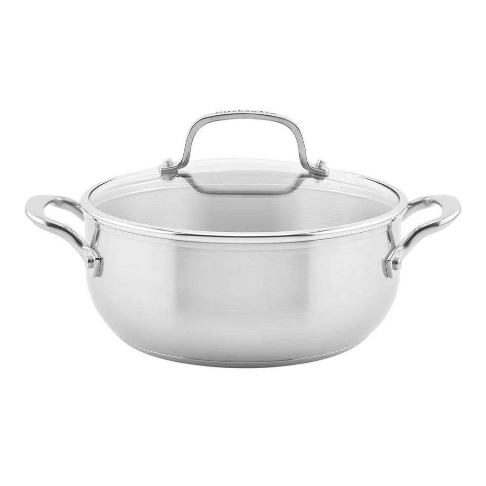 KitchenAid 71011 3-ply stainless steel casserole dish with lid, 4 quart, durable and even heat distribution