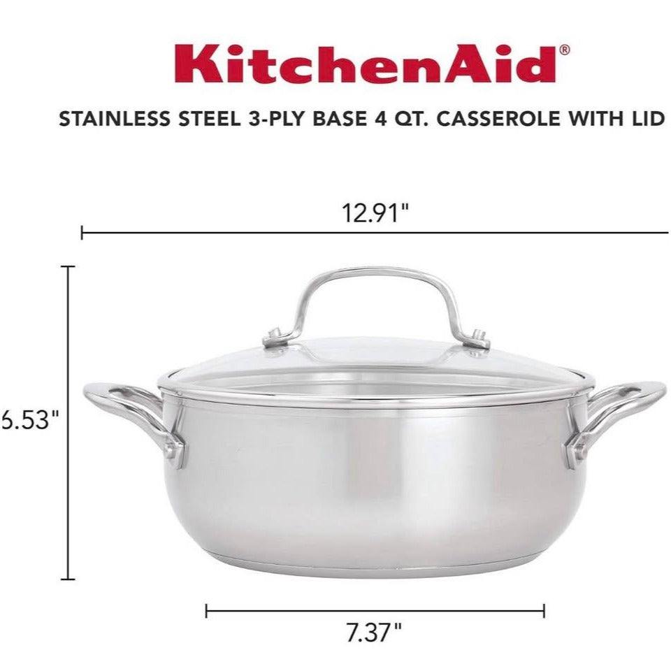 KitchenAid 71011 3-Ply Base Brushed Stainless Steel Casserole Dish/Pan with Lid, 4 Quart