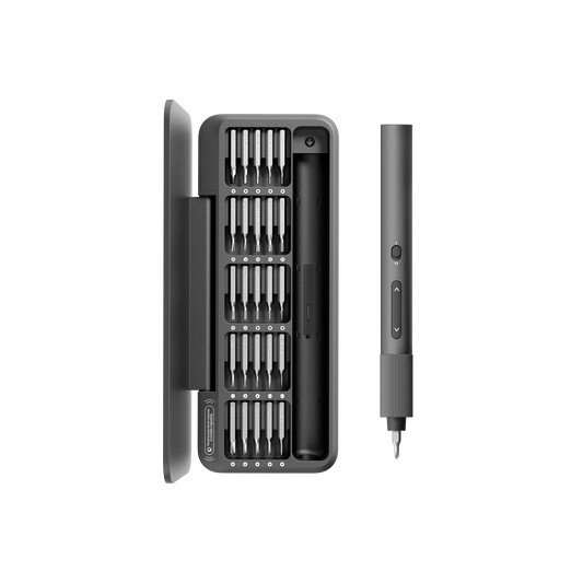 Electric Precision Screwdriver set with 25 magnetized bits, shadowless LED light, magnetic storage, and anti-slip grip for fast, precise screwing.