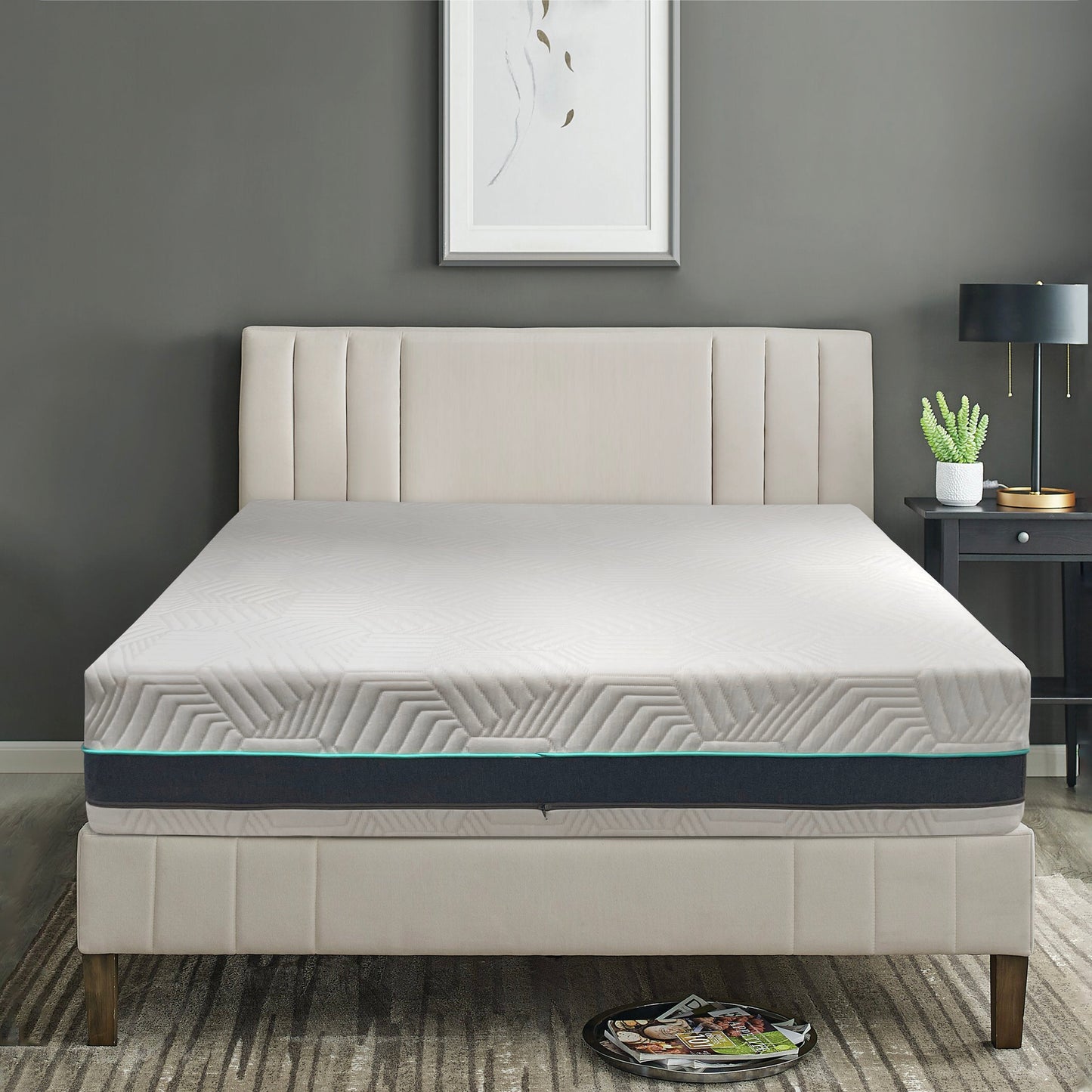 12-inch Essential Plus Memory Foam mattress with cooling layers and soft knit cover on beige upholstered bed in modern bedroom