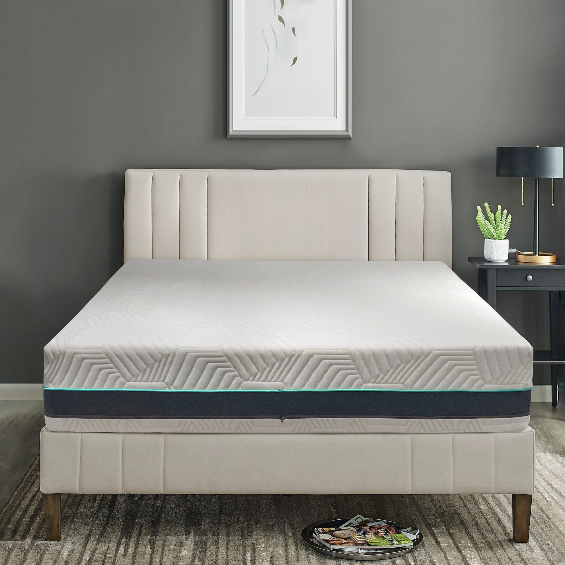 12-inch Essential Plus Memory Foam mattress with cooling layers and soft knit cover on beige upholstered bed in modern bedroom