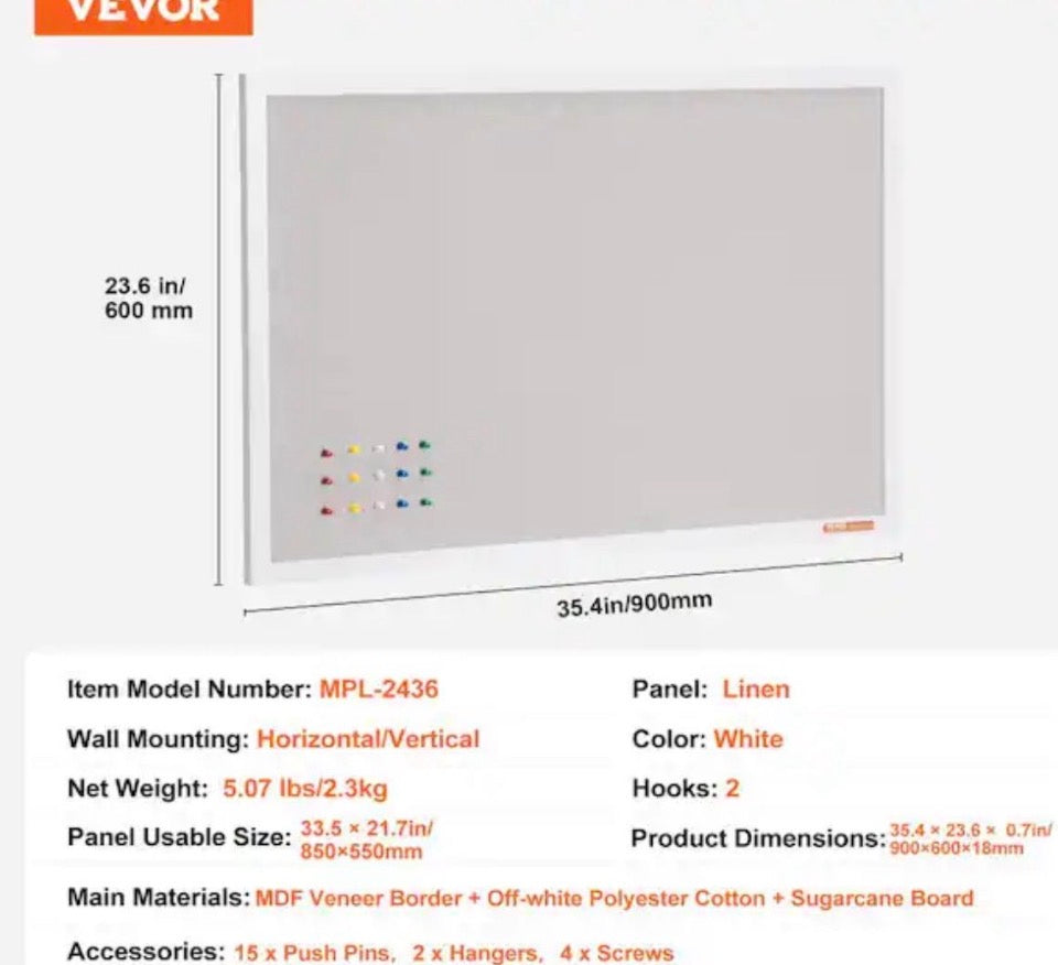 NEW VEVOR 36 in. L x 24 in. W White Cork Board with Linen Surface - Stylish Wall-Mounted Bulletin Board for Home, School, Office