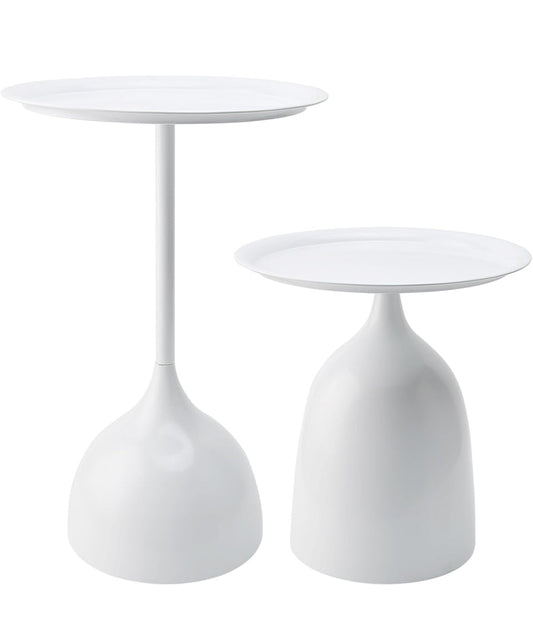 Set of 2 white small round metal side tables with raised edges for living rooms and bedrooms