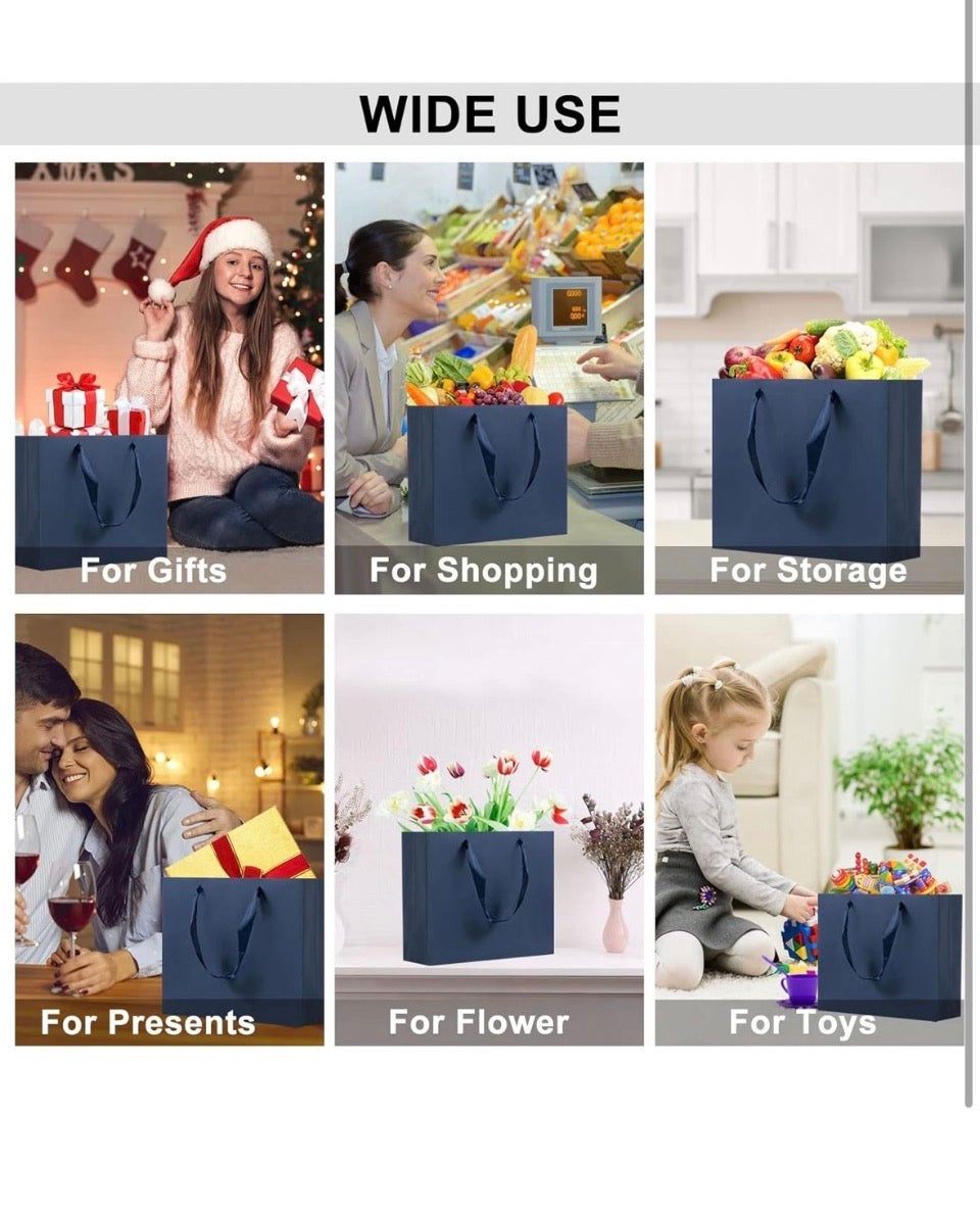 New Umoonfine Navy Blue Gift Bags 12 Pack, 10.6x3.1x8.6 inches Navy Blue Shopping Bags Gift Wrap Bags Reusable Kraft Navy Blue Paper Bags with Handles