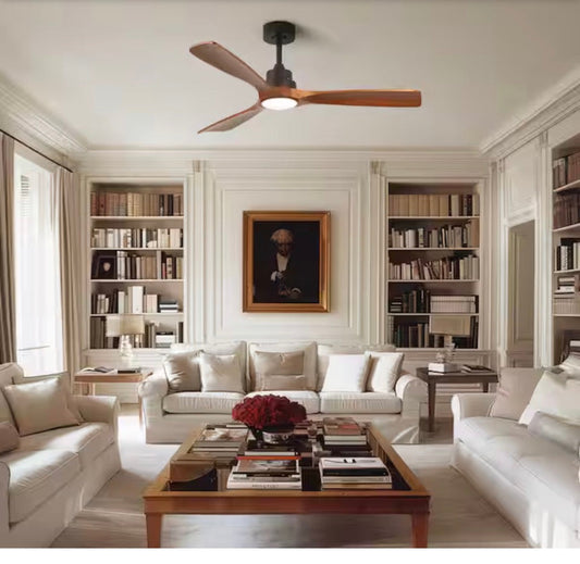 52 in. LED indoor modern black dimmable ceiling fan with remote and wood blades