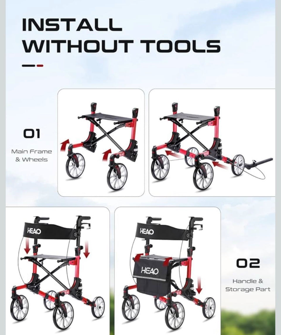 Open Box New HEAO Rollator Walker with Seat, Shock Absorber Rolling Walker for Senior with Cup Holder, Lightweight Foling Mobility Walking Aid Red