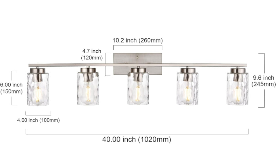 Vanity Lights for Bathroom 5 Light Sconces Vanity Light Fixture Modern Brushed Nickel Wall Mount Lighting with Clear Hammered Shade, Wall Lights for B - Selzalot