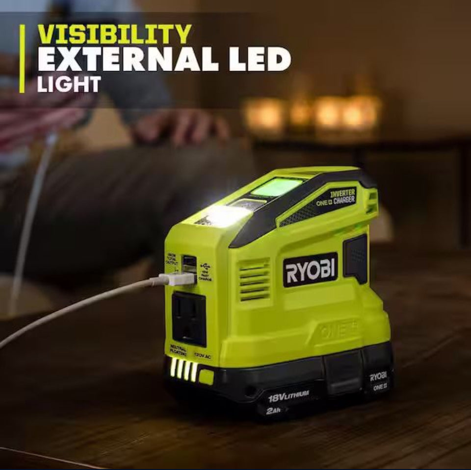 Open Box New RYOBI 18V ONE+ 150-Watt Portable Battery Inverter Power Source and Charger