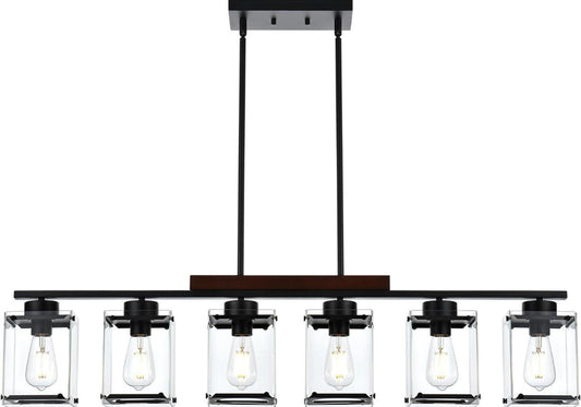 TULUCE 6 Light Farmhouse Chandelier with clear glass shades and black finish.