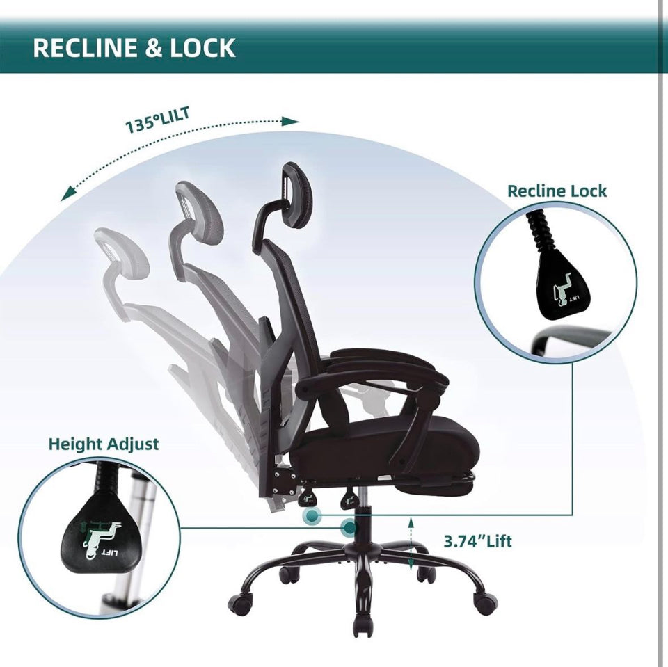Open box GlasFlength Mesh Ergonomic Office Chair with Foot Rest, Big and Tall Comty Computer Desk Chair with Adjustable Headrest Backrest, Swivel Exec