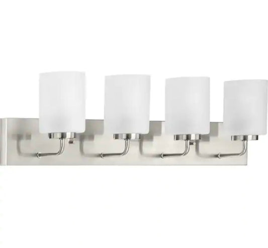 Progress Lighting Merry Collection 4-Light Bathroom Vanity Light in Brushed Nickel with Etched Glass.