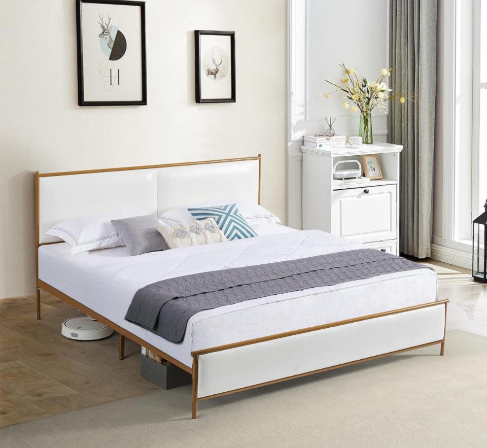 Dolonm upholstered king size platform bed frame in white with headboard, wooden slats, metal frame, and soft leather cushioning