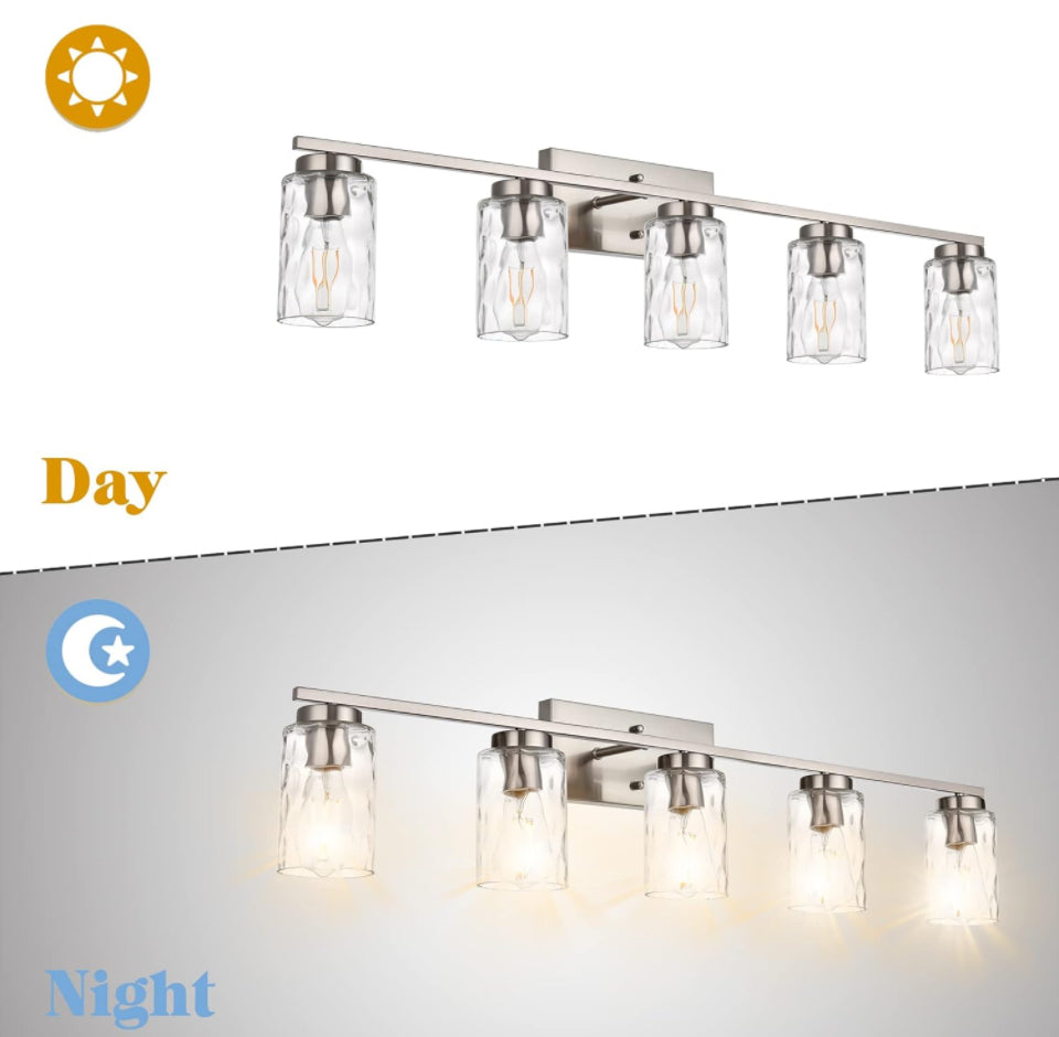 Vanity Lights for Bathroom 5 Light Sconces Vanity Light Fixture Modern Brushed Nickel Wall Mount Lighting with Clear Hammered Shade, Wall Lights for B - Selzalot