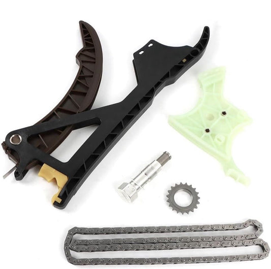 Open box FIWARY timing chain kit with camshaft adjusters for BMW N51 N52 N55 engines including chain, guides, sprocket, and tensioner components