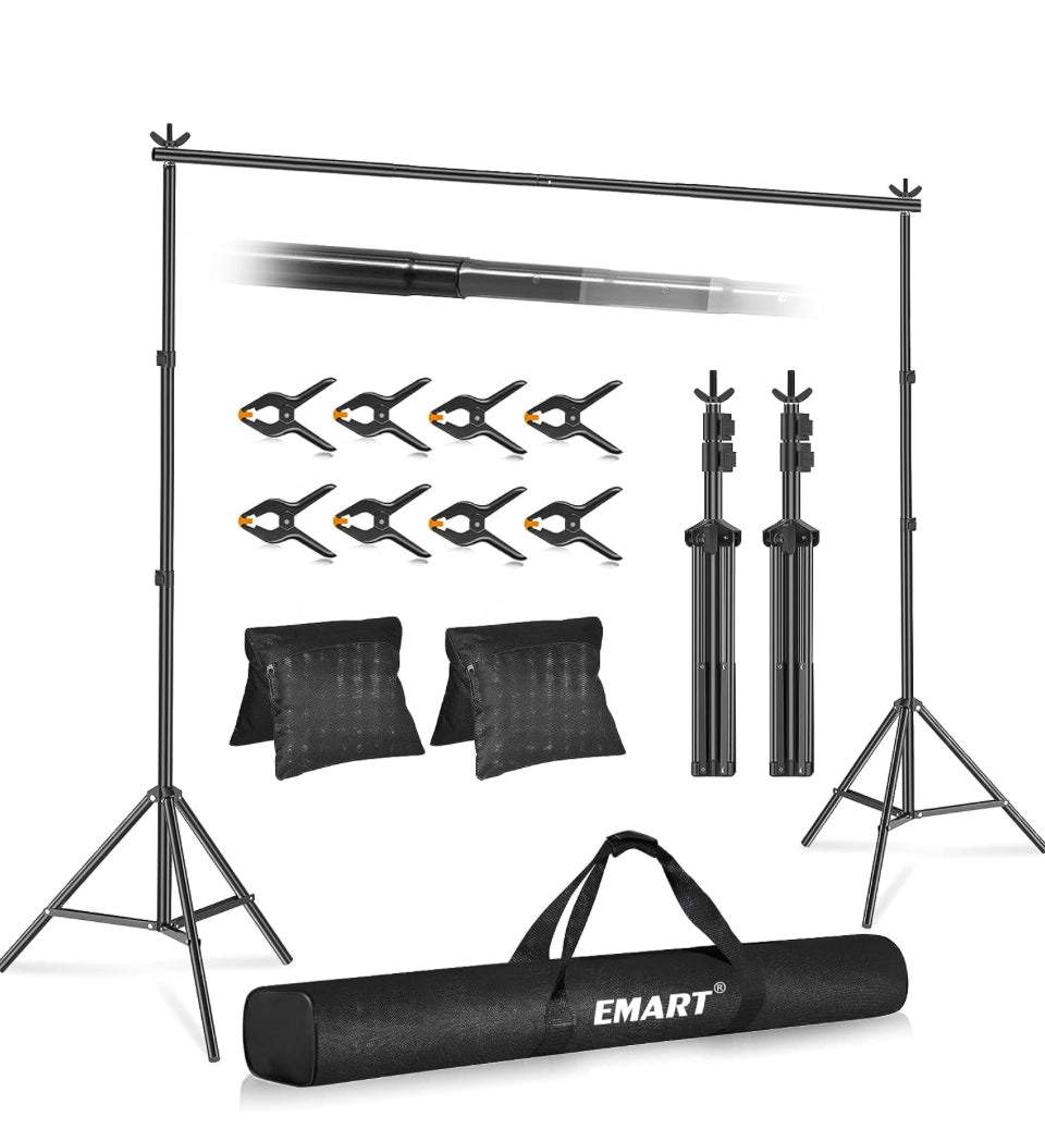 EMART Backdrop Stand 10x7ft(WxH) Photo Studio Adjustable Background Stand Support Kit with 2 Crossbars, 8 Backdrop Clamps, 2 Sandbags and Carrying Bag - Selzalot