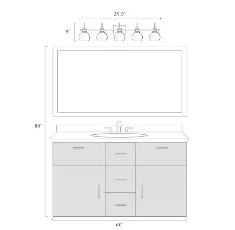 OPEN BOX NEW LNC Modern 35.5 in. 5-Light Aged Brass Vanity Light with Black Linear Frame and Clear Glass Globes