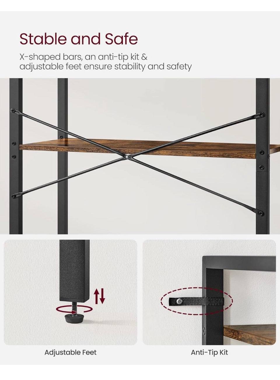 VASAGLE 5-Tier Bookshelf Industrial Style with Steel Frame, Rustic Brown and Ink Black, 11.8 x 26 x 60.2 Inches, ULLS061B01 Bookcase, Book Shelf, for Living Room, Home Office, Study