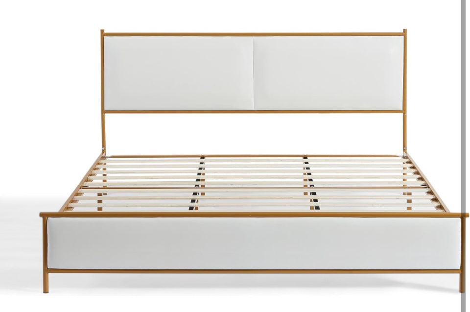 •Dolonm Upholstered King Size Platform Bed Frame, with Headboard and Strong Wooden Slats Metal Bed Frames, No Box Spring Needed Sponge Soft Bag Platfo