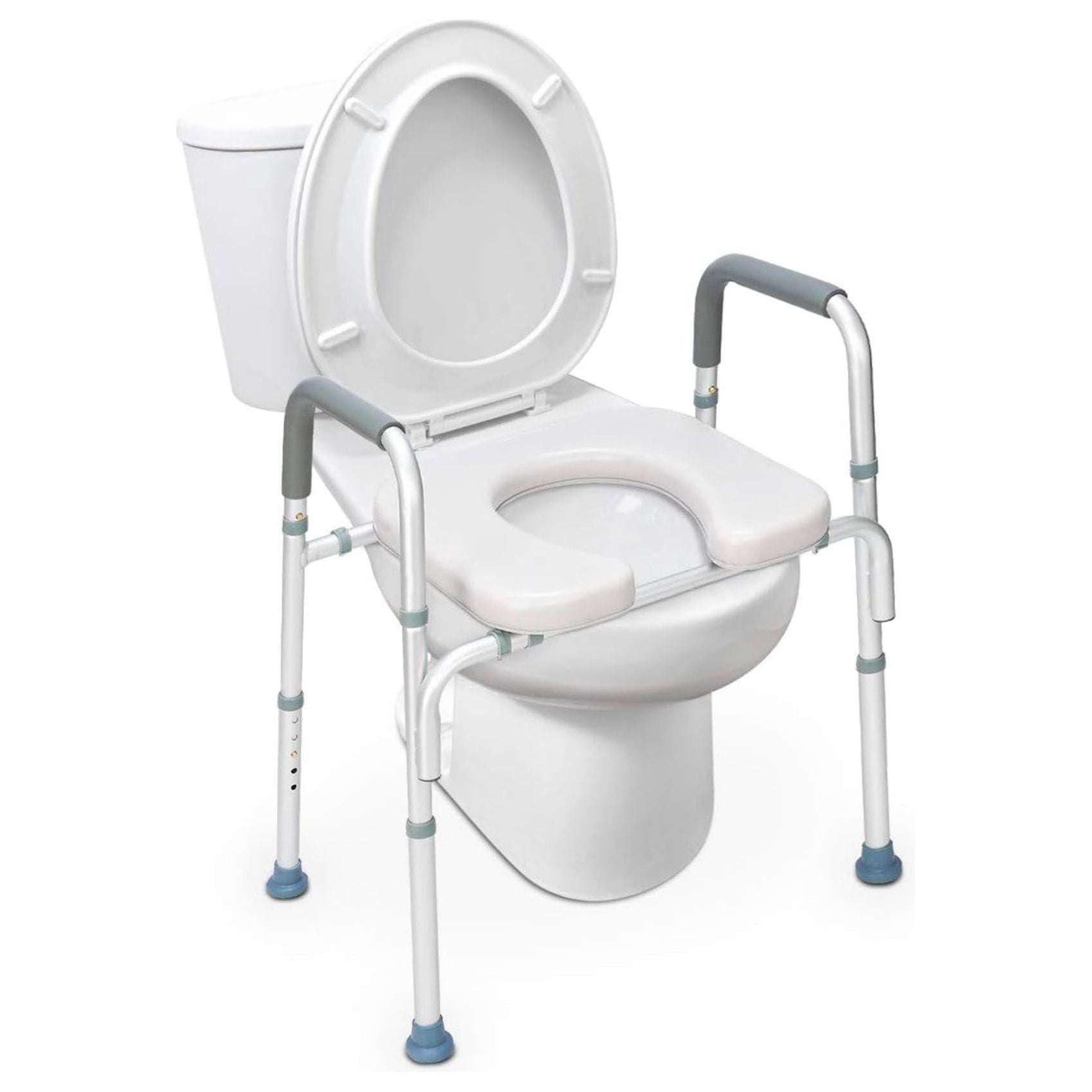 Raised toilet seat with padded arms, designed for safety and comfort, supports up to 300 pounds.