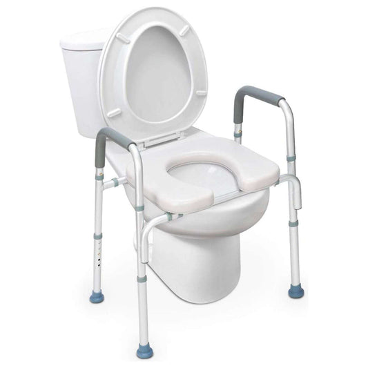 Heavy duty raised toilet seat with padded armrests and non-slip legs for safe bathroom support up to 300 lbs