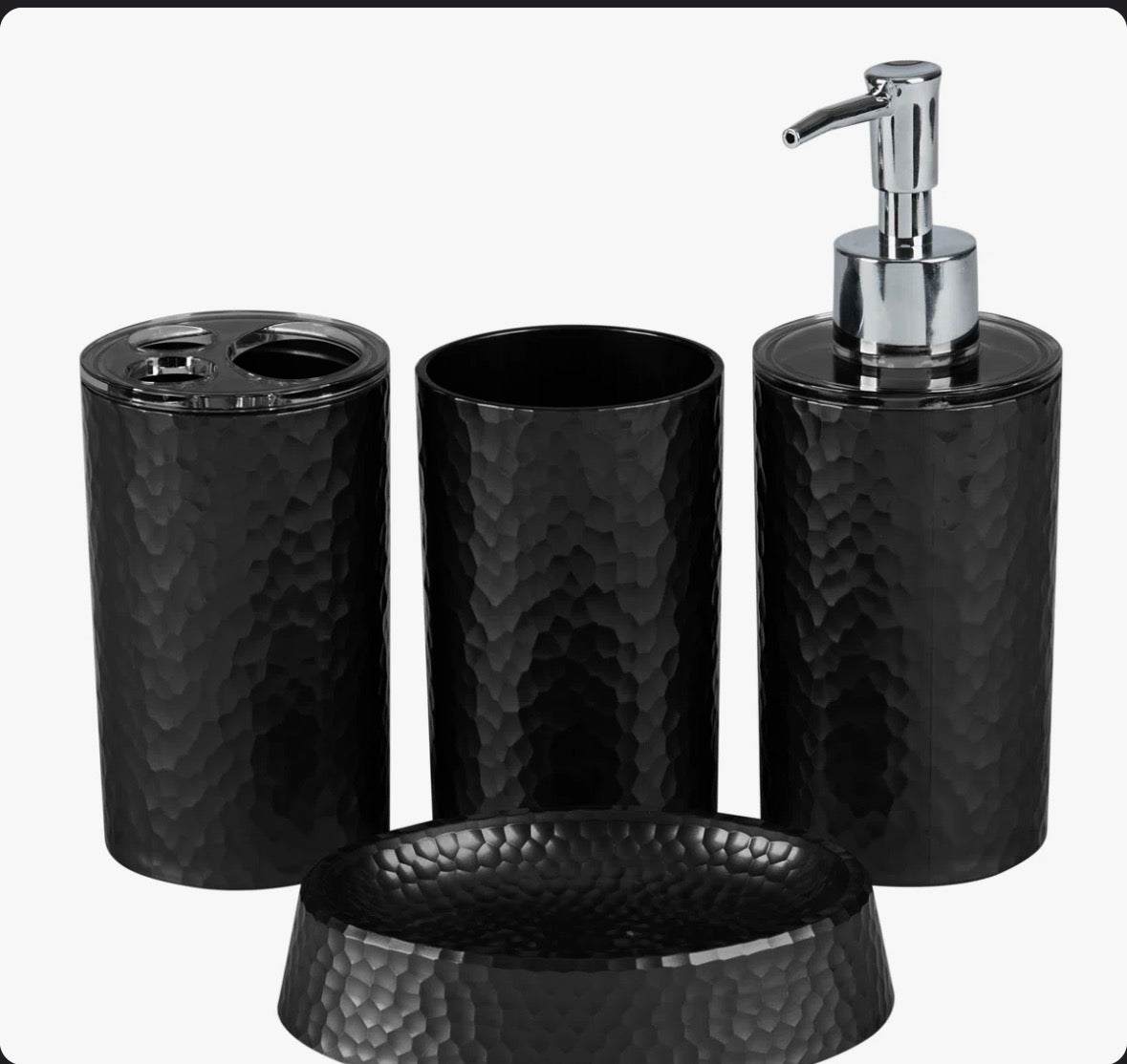 Ebern Designs 4-piece bath set with hammered texture including tumbler, lotion dispenser, toothbrush holder, and soap dish