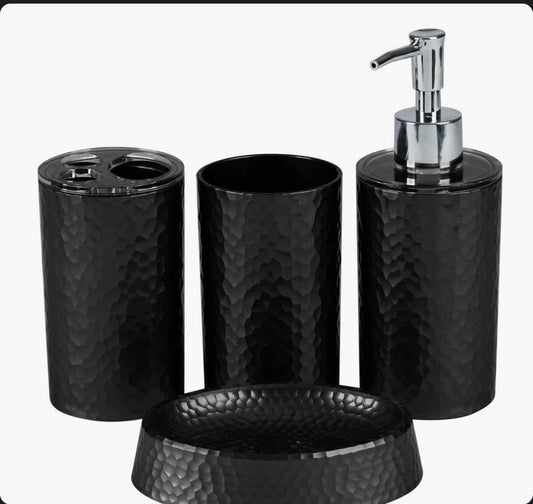 Ebern Designs 4-piece bath set with hammered texture including tumbler, lotion dispenser, toothbrush holder, and soap dish