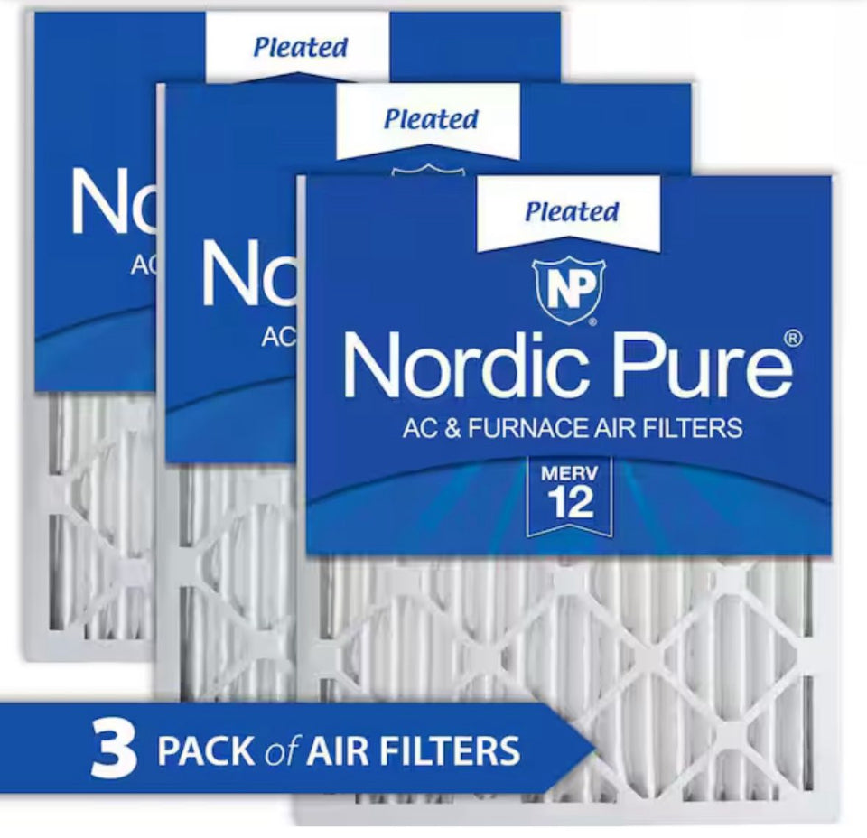 Three-pack Nordic Pure 20x30x2 inch MERV 12 allergen pleated AC furnace air filters