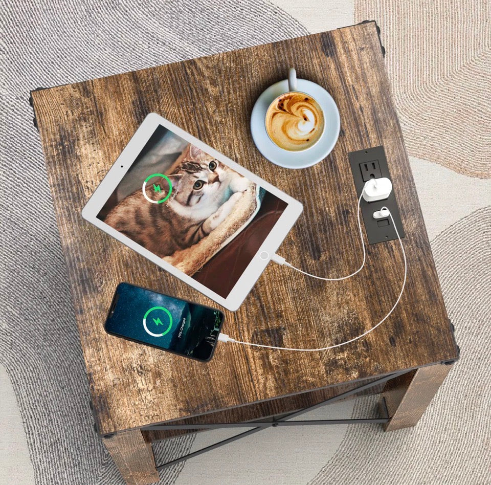 17 stories Eidelweiss Tall End Table Nightstand with 2 USB Ports, 2 Power Outlets, and 2 Storage Shelves