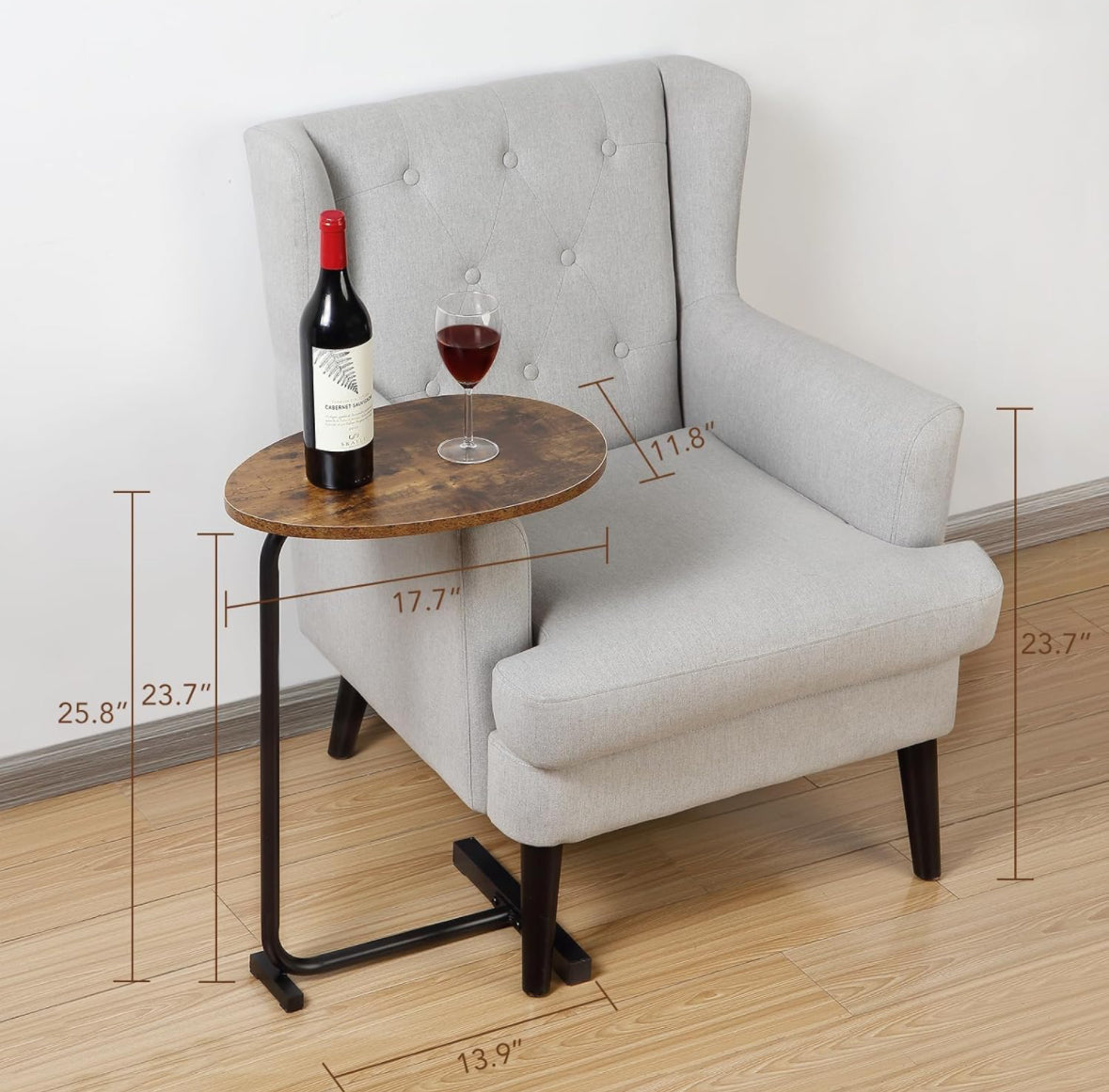 C-Shaped End Table, Round Couch Table for Living Room, Side Table for Bedroom, C Table with Metal Frame for Couch, Sofa, Bedside and Tv Tray, Rustic B